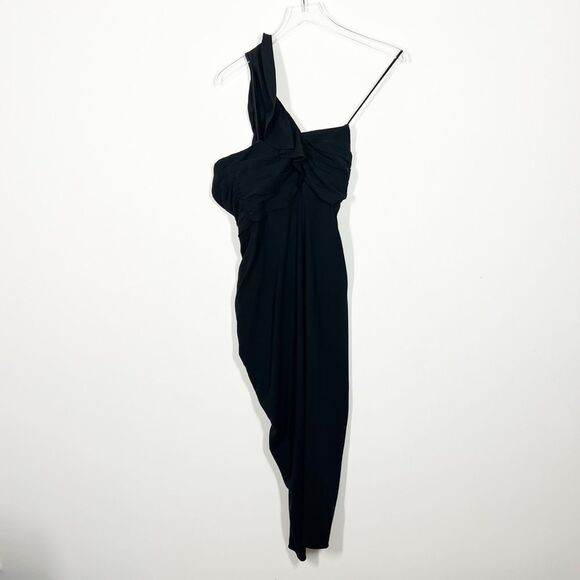 Veronica Beard Women's Size 4 Black Biba Ruffled One-Shoulder Crepe Midi Dress - Picture 6 of 11